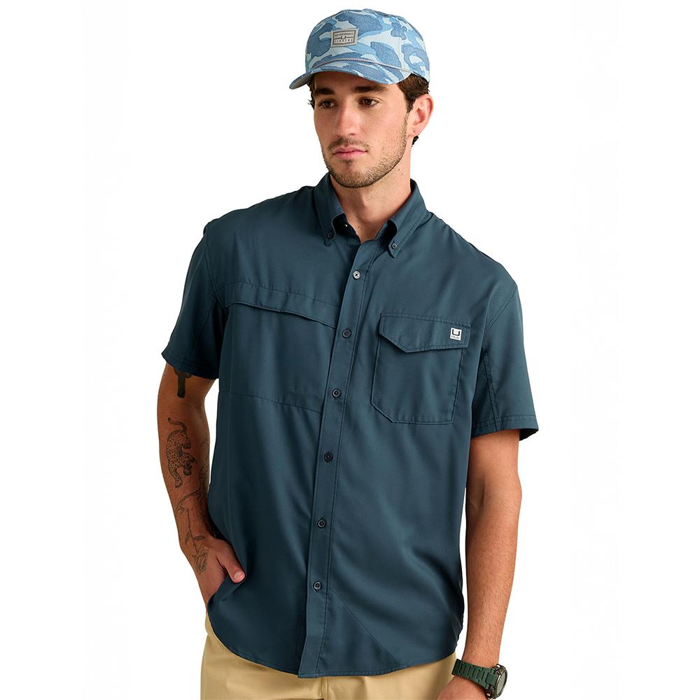 Marolina DBA HUK Huk Tide Point Short Sleeve Button Down Shirt Sea Storm M