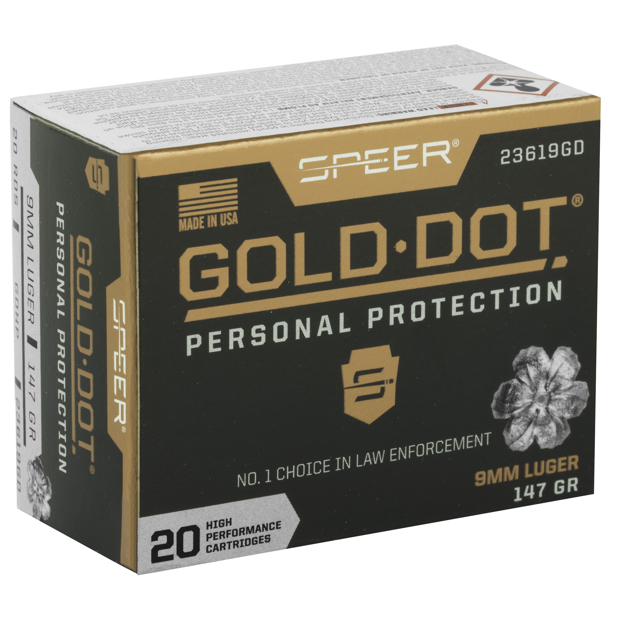 Speer Gold Dot Handgun Ammunition 9mm Luger 147 gr HP 985 fps 20/ct Speer Gold Dot Handgun Ammunition 9mm Luger 147 gr HP 985 fps 20/ct
