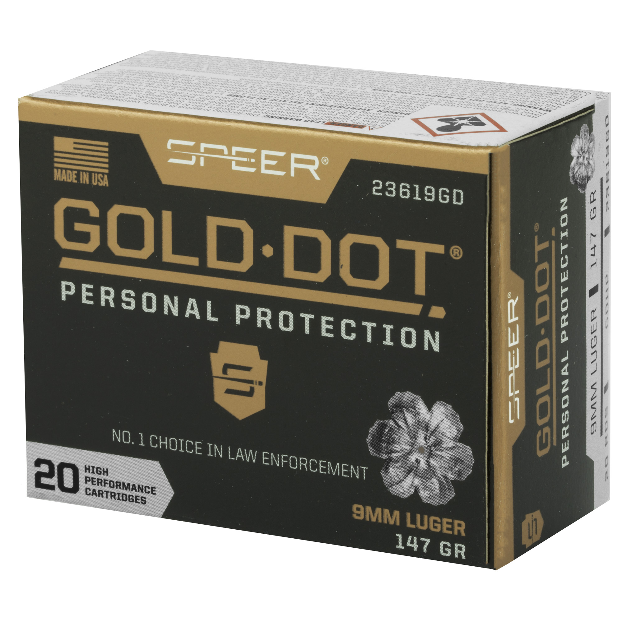 Speer Gold Dot Handgun Ammunition 9mm Luger 147 gr HP 985 fps 20/ct Speer Gold Dot Handgun Ammunition 9mm Luger 147 gr HP 985 fps 20/ct
