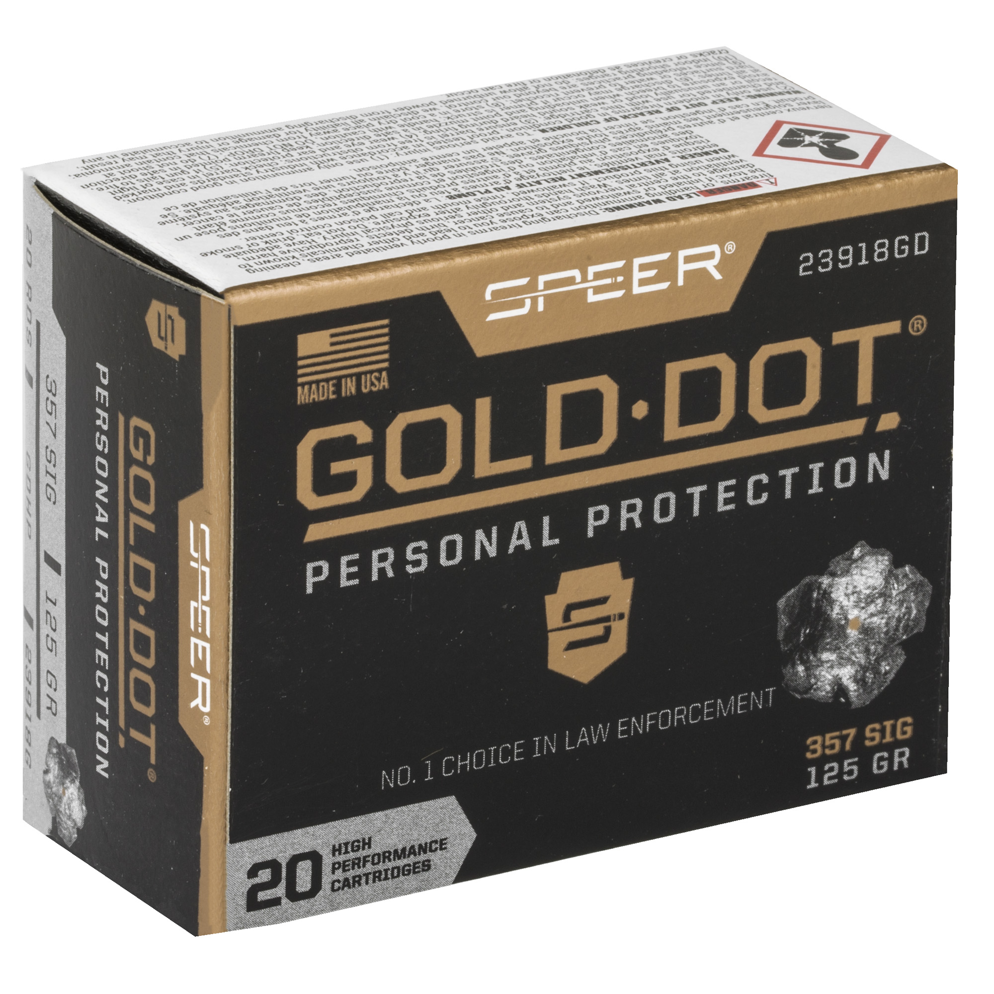 Speer Gold Dot Handgun Ammunition .357 Sig 125 gr HP 1350 fps 20/ct Speer Gold Dot Handgun Ammunition .357 Sig 125 gr HP 1350 fps 20/ct