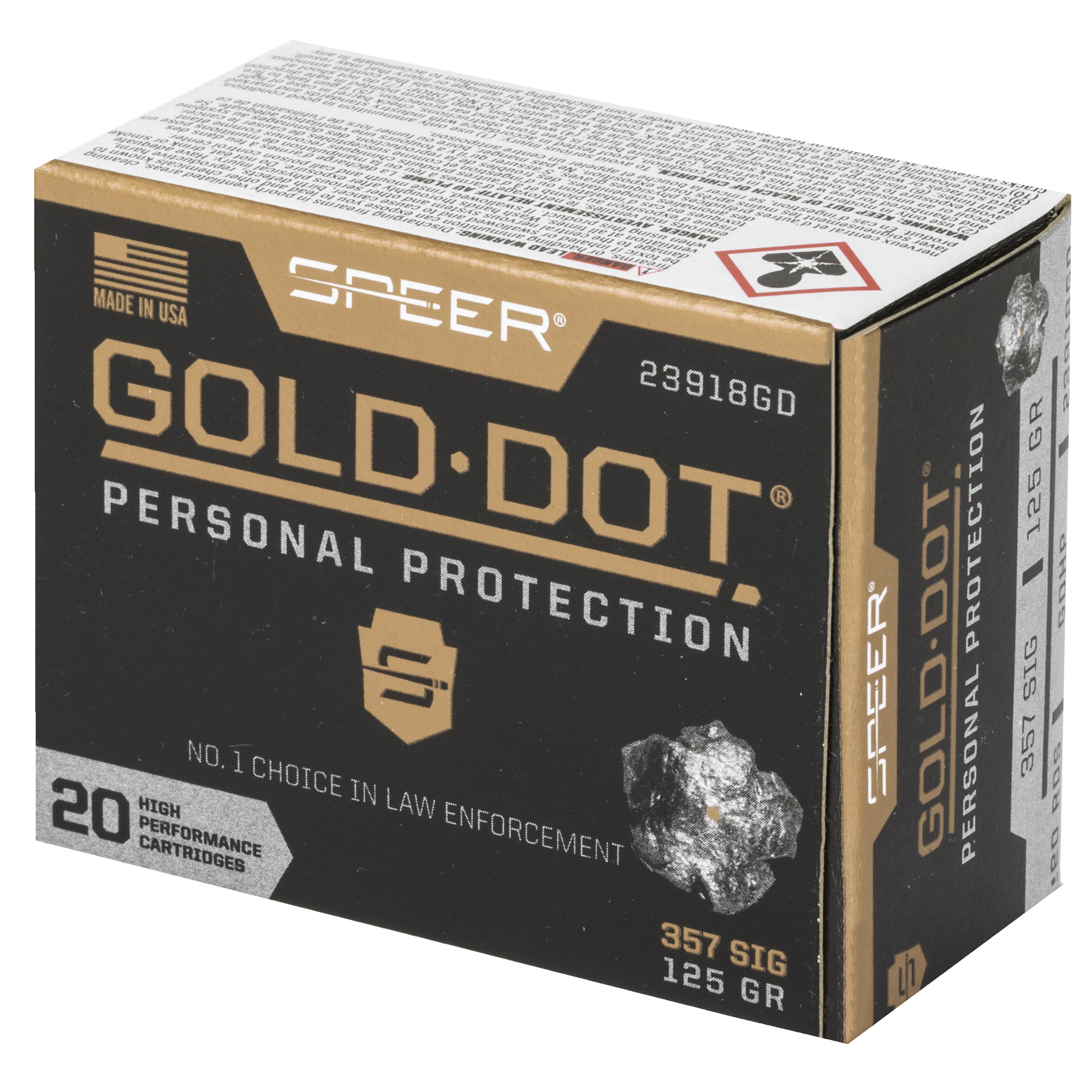 Speer Gold Dot Handgun Ammunition .357 Sig 125 gr HP 1350 fps 20/ct Speer Gold Dot Handgun Ammunition .357 Sig 125 gr HP 1350 fps 20/ct
