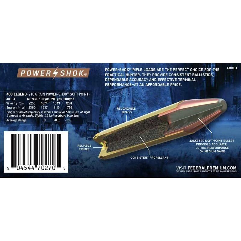 Federal Power-Shok Rifle Ammunition 400 Legend 210gr SP 2250 fps 20/ct Federal Power-Shok Rifle Ammunition 400 Legend 210gr SP 2250 fps 20/ct
