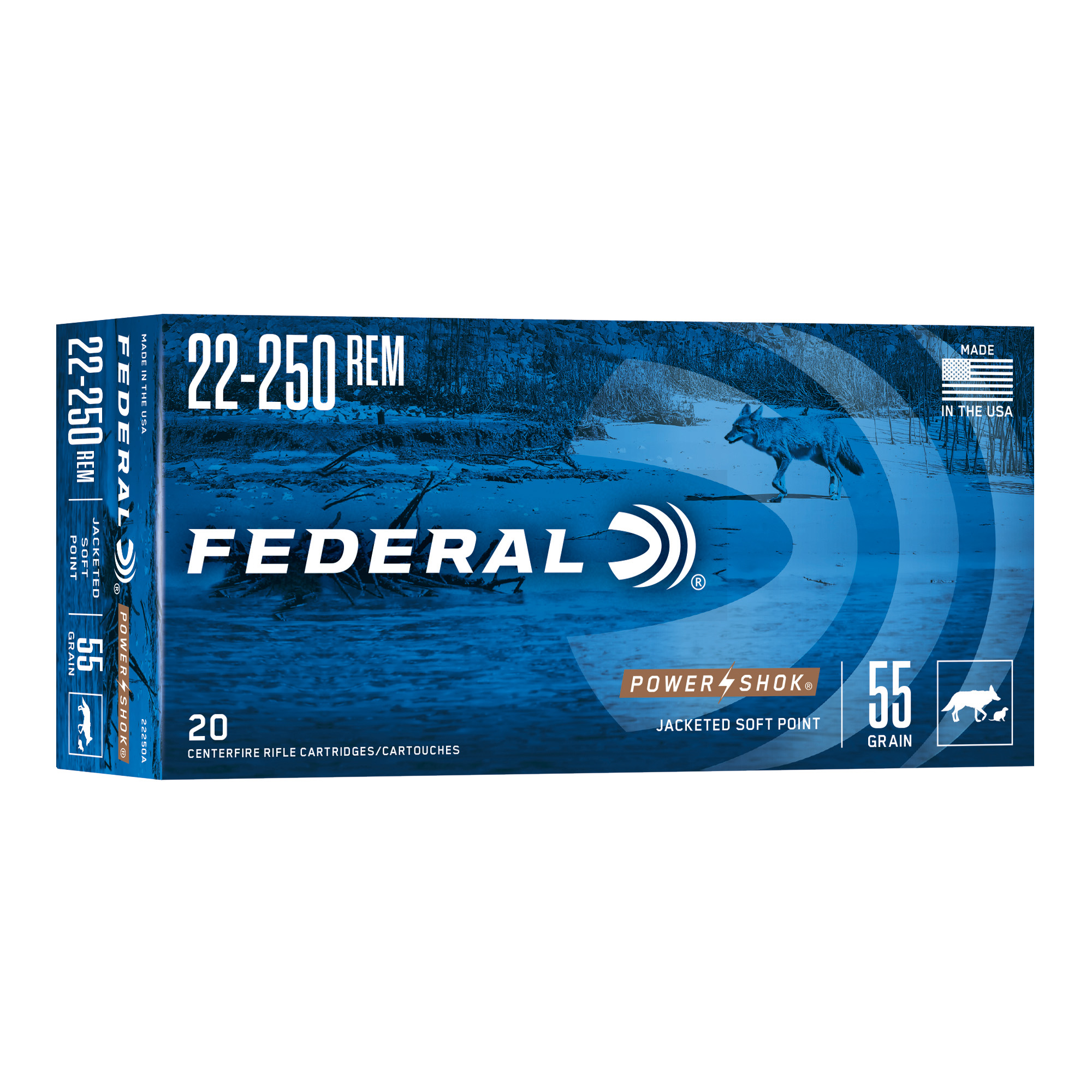 Federal Power-Shok Rifle Ammunition .22-250 Rem 55 gr SP 3050 fps - 20/ct