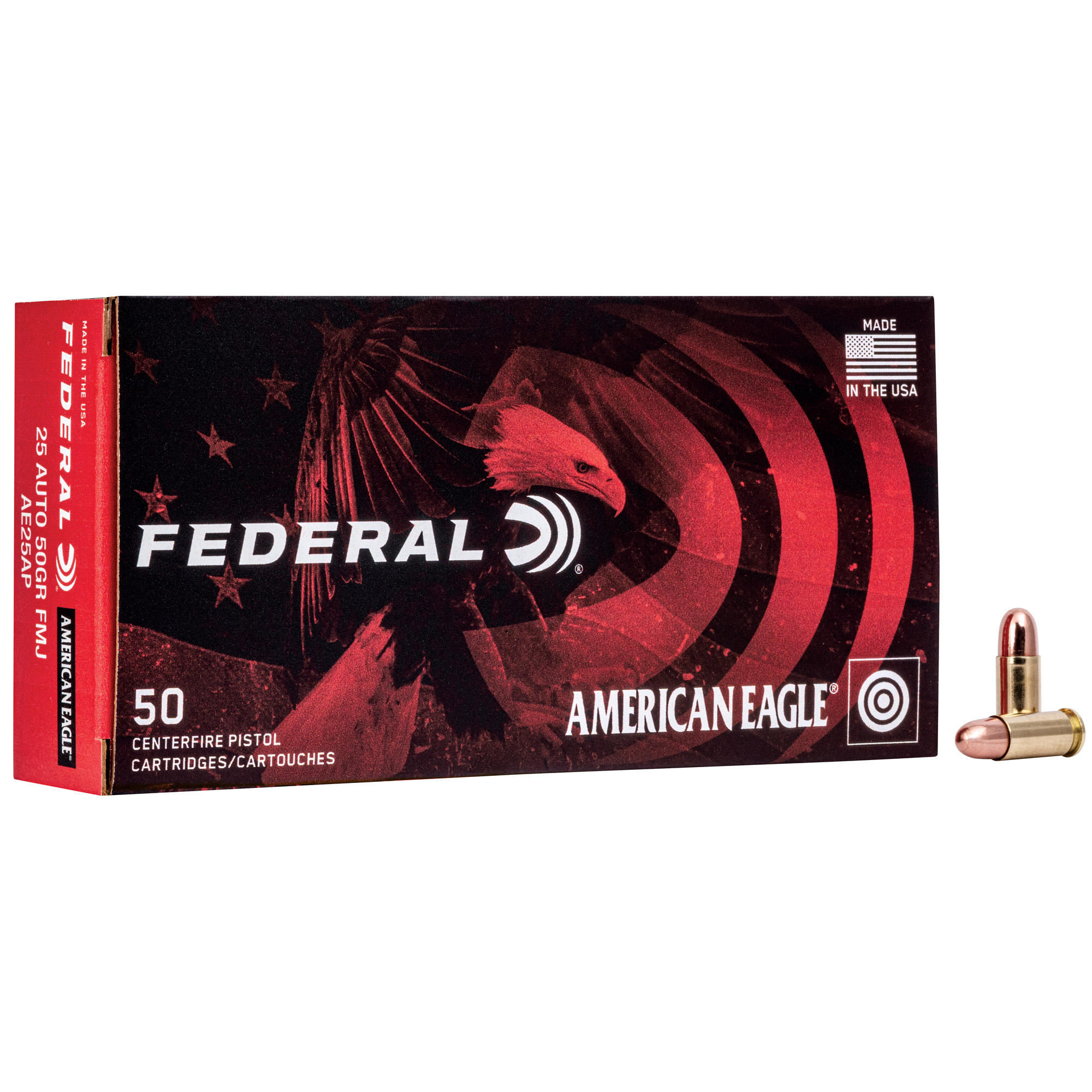 Federal American Eagle Handgun Ammunition .25 ACP 50 gr FMJ 760 fps 50/rd