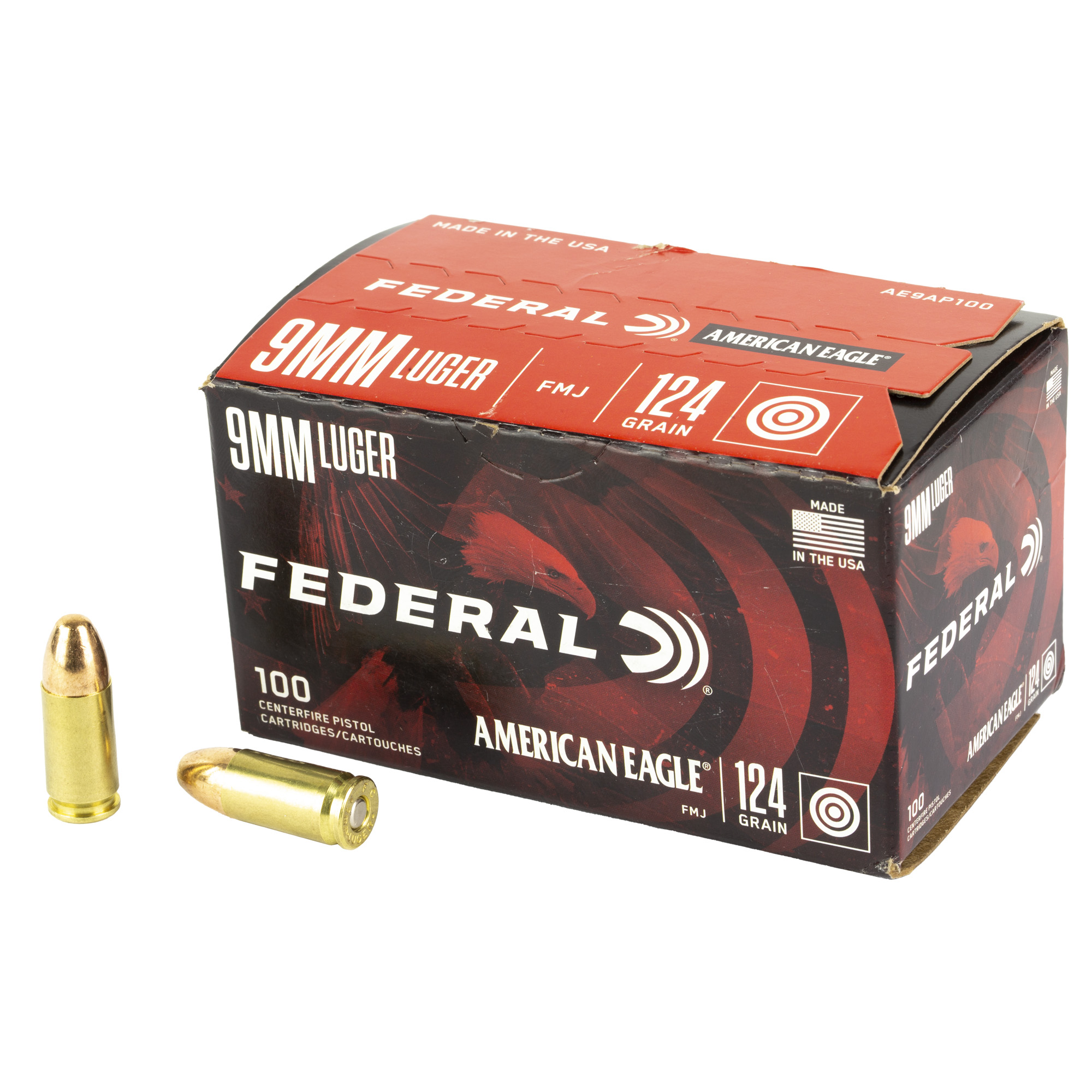 Federal American Eagle Handgun Ammo 9mm Luger 124 gr FMJ 1150 fps 100/ct
