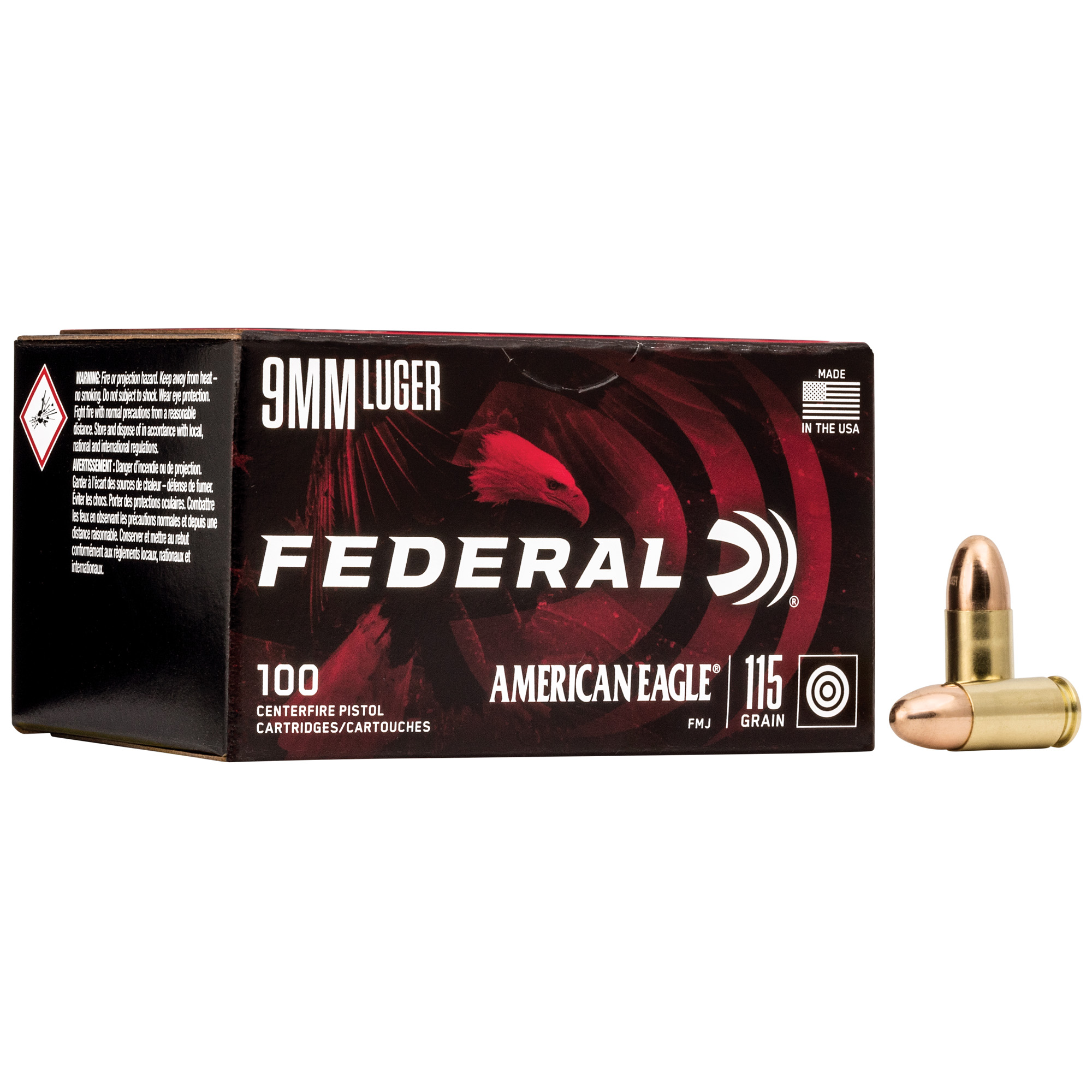 Federal American Eagle Handgun Ammunition 9mm Luger 115 gr FMJ 1180 fps 100/ct