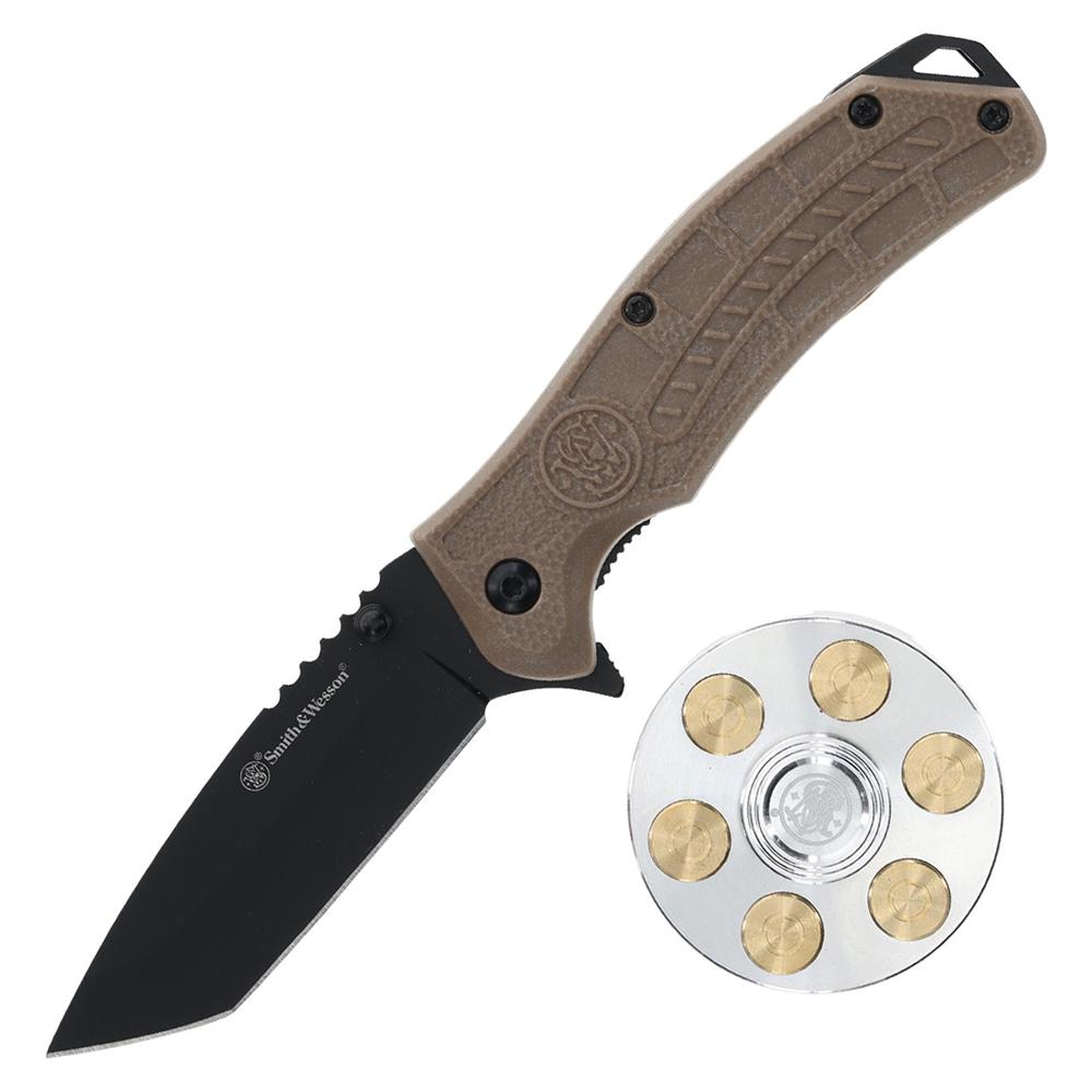 Battenfeld Knives Smith & Wesson Folding Knife and Fidget Spinner Combo 3" Tanto Blade Black Brown