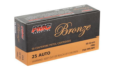 PMC Bronze Handgun Ammunition .25 ACP 50 gr FMJ 750 fps 50/ct PMC Bronze Handgun Ammunition .25 ACP 50 gr FMJ 750 fps 50/ct