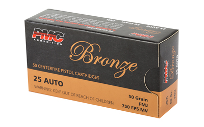 PMC Bronze Handgun Ammunition .25 ACP 50 gr FMJ 750 fps 50/ct PMC Bronze Handgun Ammunition .25 ACP 50 gr FMJ 750 fps 50/ct