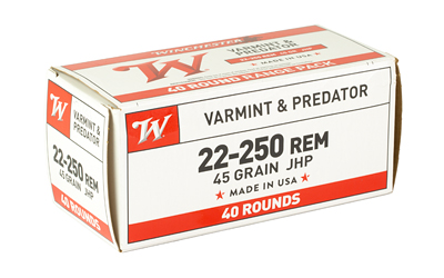 Winchester USA Rifle Ammunition .22-250 Rem 45 gr JHP 4000 fps 40/ct Winchester USA Rifle Ammunition .22-250 Rem 45 gr JHP 4000 fps 40/ct
